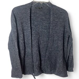Eileen Fisher Wool Linen Silk Peplum Lightweight Ribbed Grey Cardigan Size L